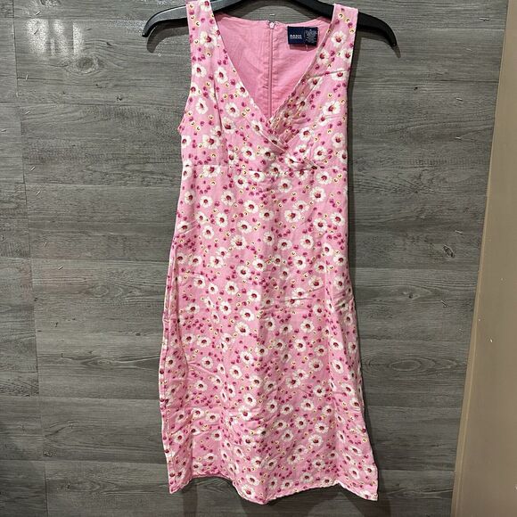 Basic Editions Dress Pink Floral Daisy Dress Size 6 Linen Zip Back Tie Waist - Picture 1 of 9